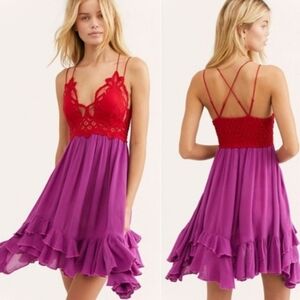 Elegant Red & Purple Lace Dress - Free People Adella Lace Slip Dress Womens XS